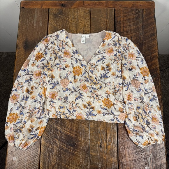 Joie Faux-Wrap Cropped Floral Top Smocked Sheer Sleeves Cream Orange Boho Print - Picture 3 of 12
